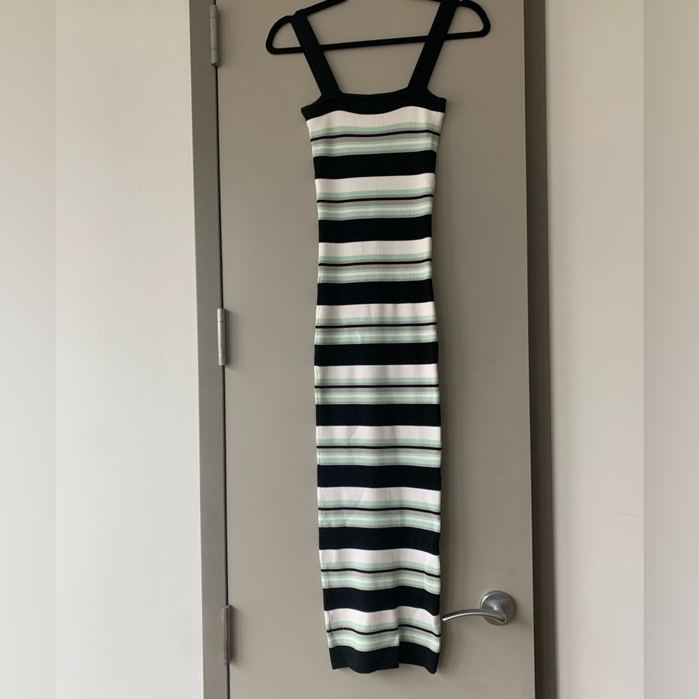 Rony Kobo green, black, white stripes ribbed knit midi dress